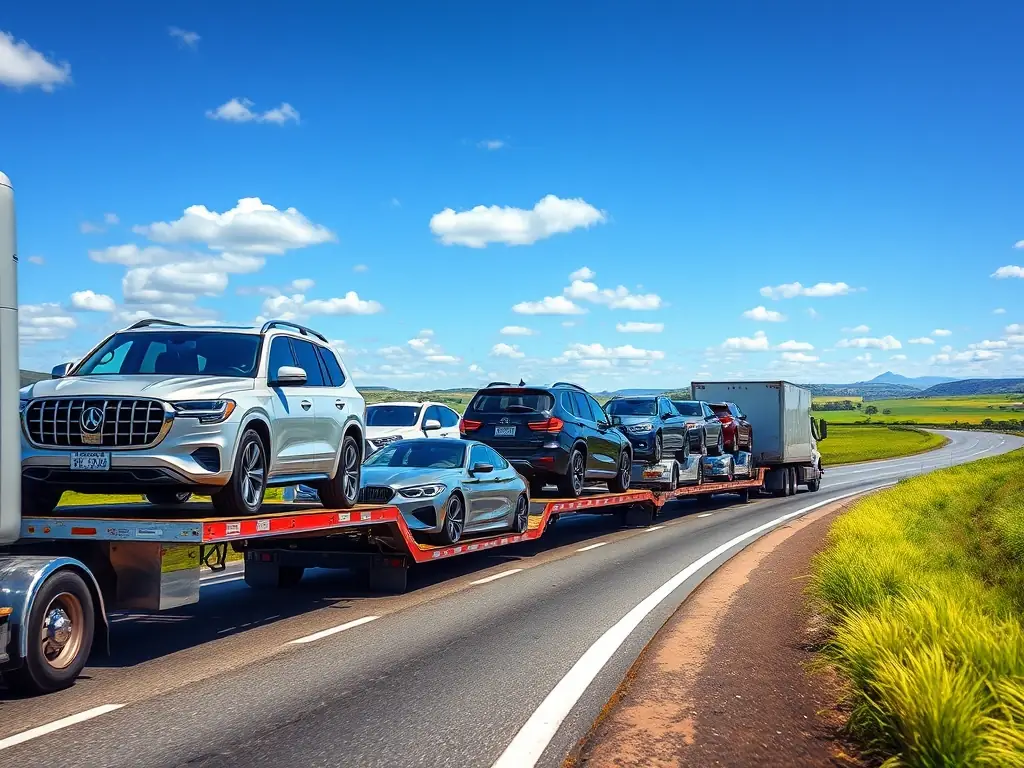 A convoy of cars being transported on an open trailer along a highway, showcasing the affordability and reliability of open car transport.