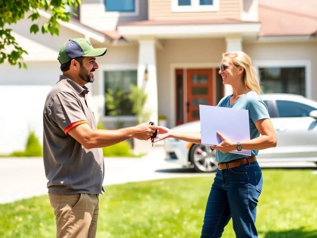 A delivery driver handing over car keys to a customer in front of their home. The scene is friendly and convenient, highlighting the ease of door-to-door service.