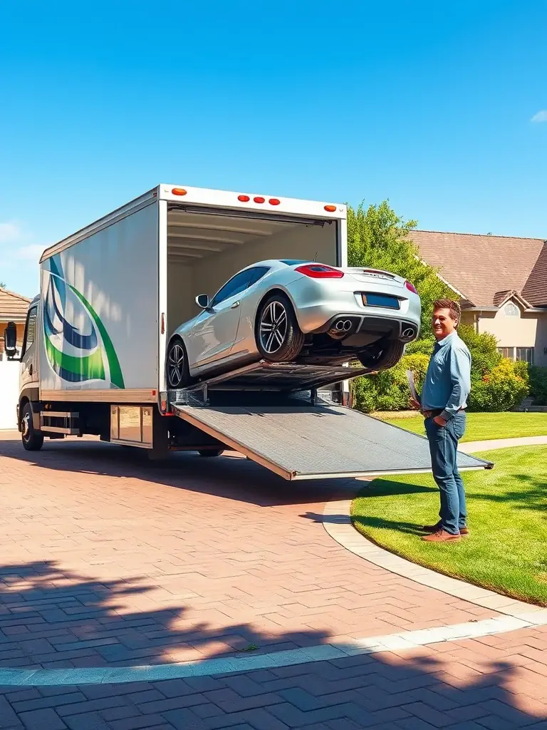 A car being loaded directly from a residential driveway onto a transport truck, illustrating the convenience of door-to-door service.