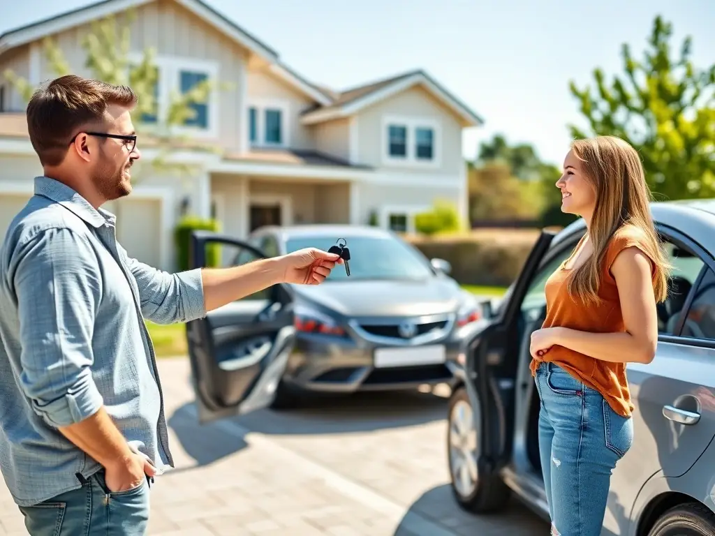 A driver handing over keys to a customer at their driveway, illustrating the convenience and personalized service of door-to-door transport.
