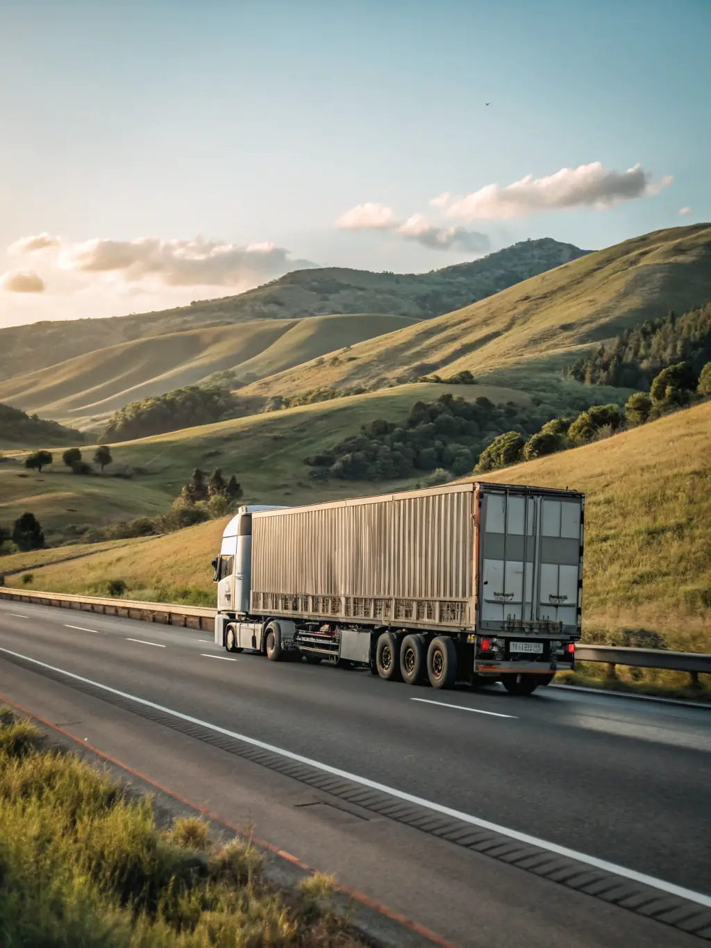 A transport truck speeding down a highway, symbolizing the speed and efficiency of expedited car shipping services.