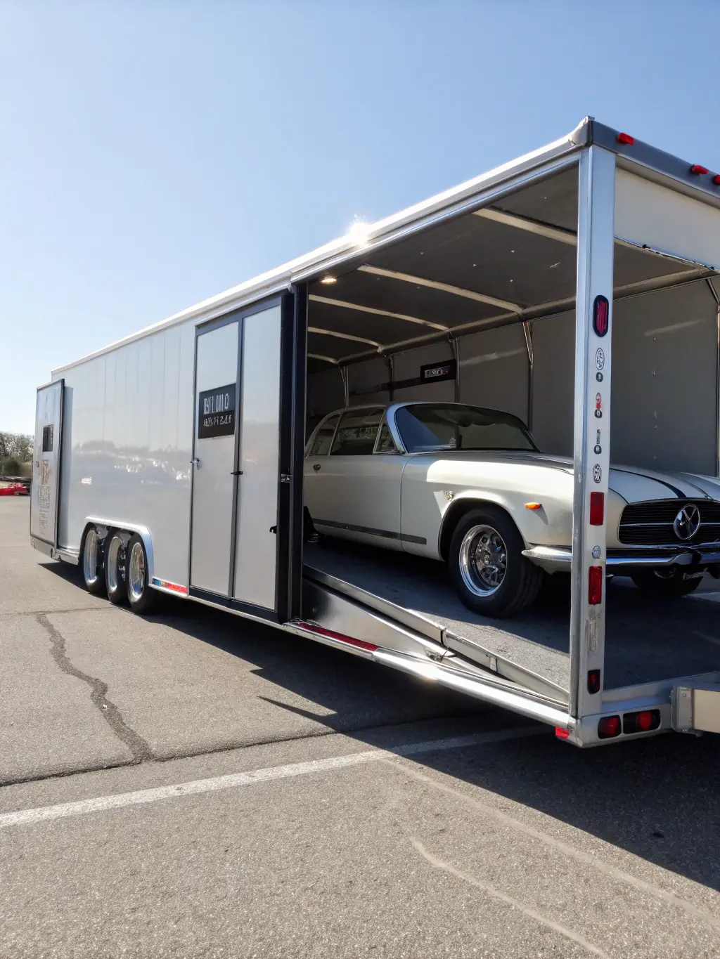 A luxury sports car being carefully loaded into a pristine, enclosed car carrier, emphasizing the protection and care provided.