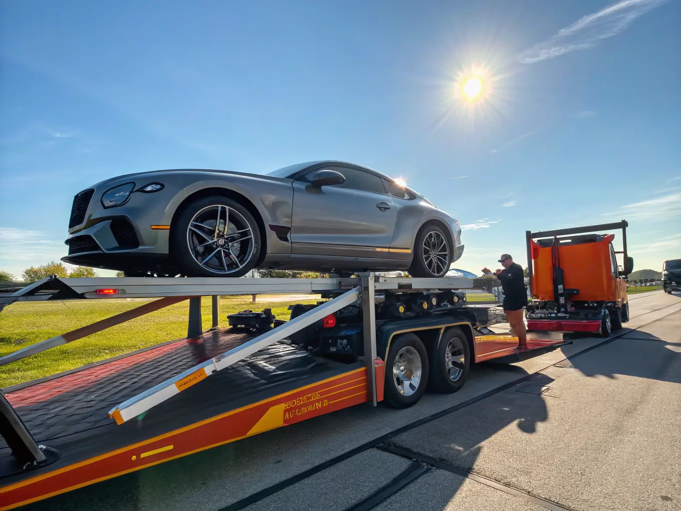 A luxury car being transported inside an enclosed trailer with a scenic background, emphasizing the security and care of enclosed car transport.