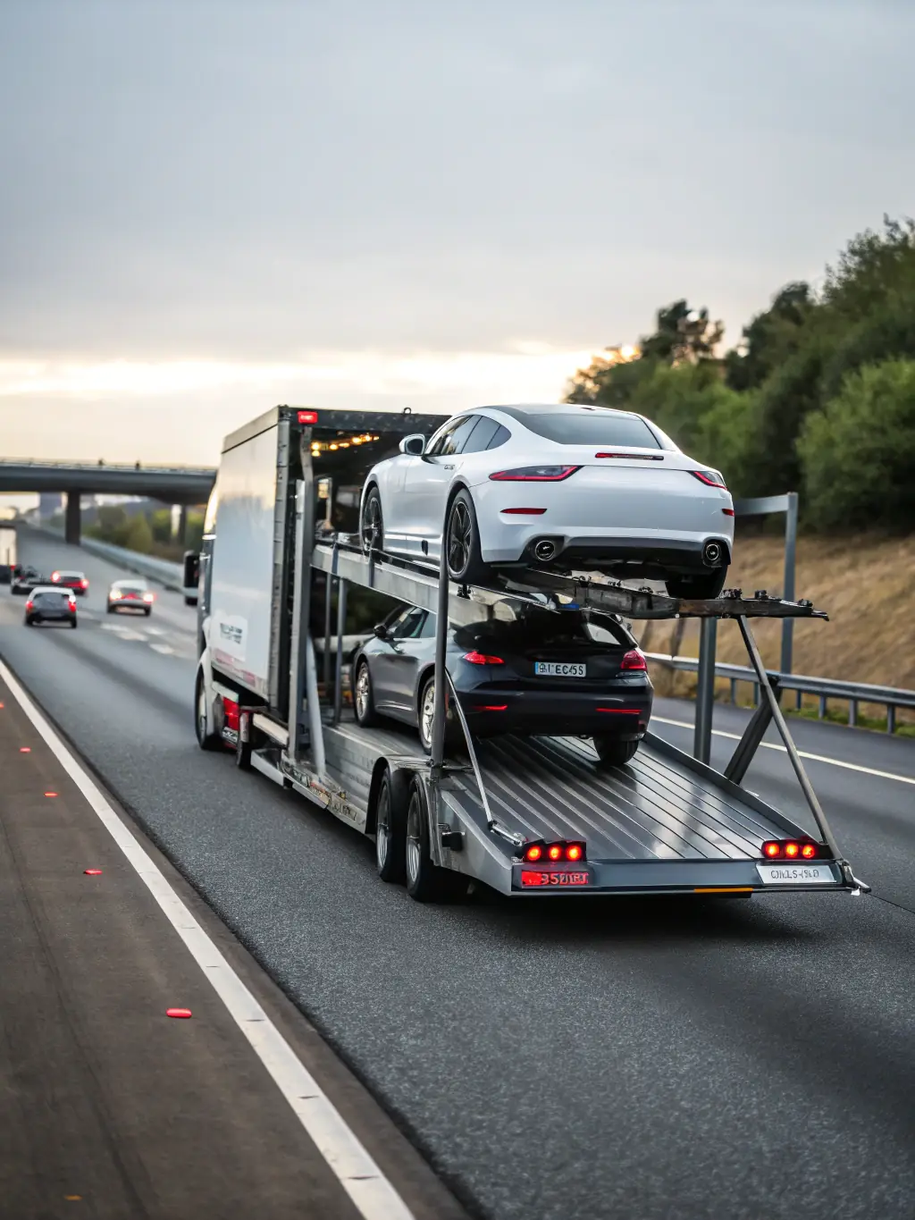 A modern car carrier trailer transporting multiple vehicles on an open highway, showcasing the efficiency and scale of open car transport.