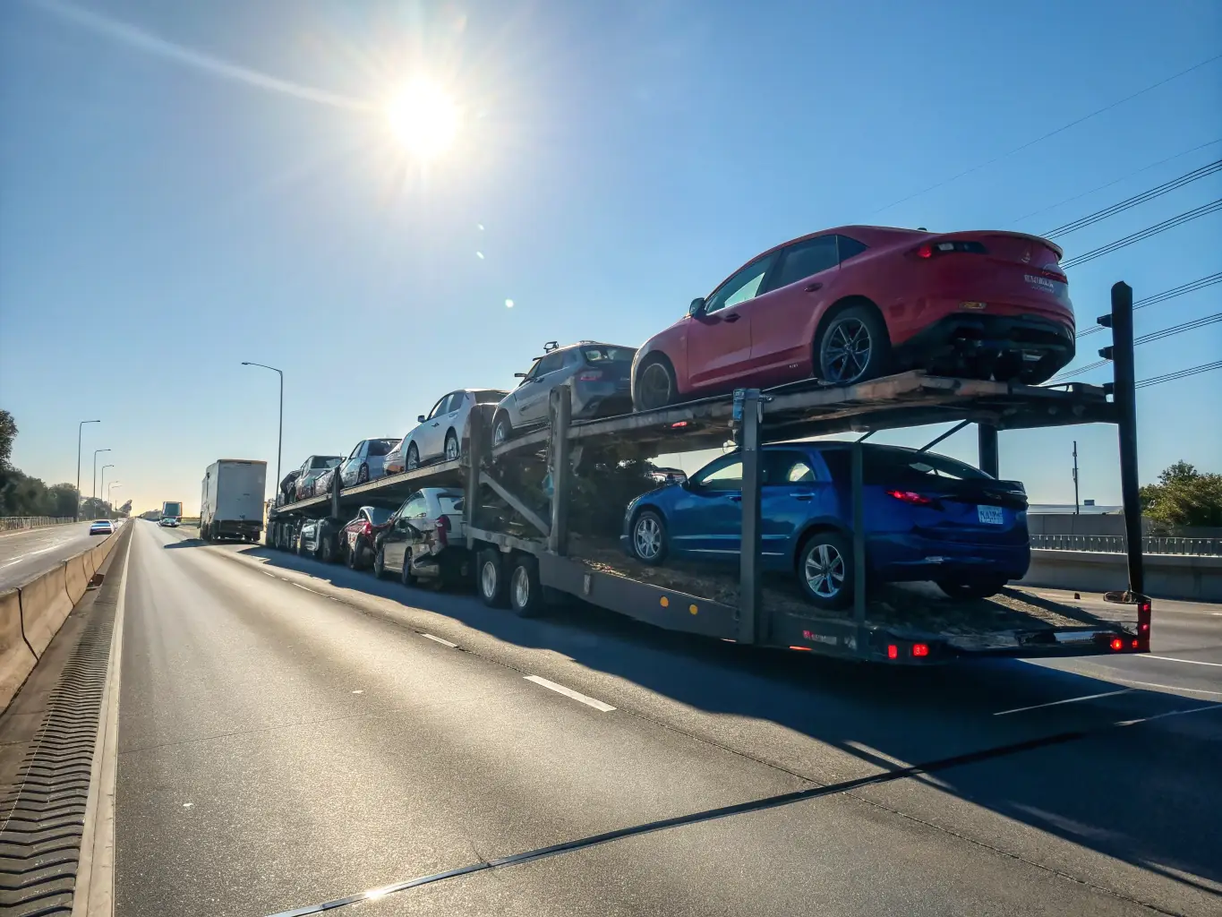A modern car carrier trailer transporting a variety of vehicles on an open highway, under a sunny sky. The vehicles are securely fastened, showcasing the safety of open transport.